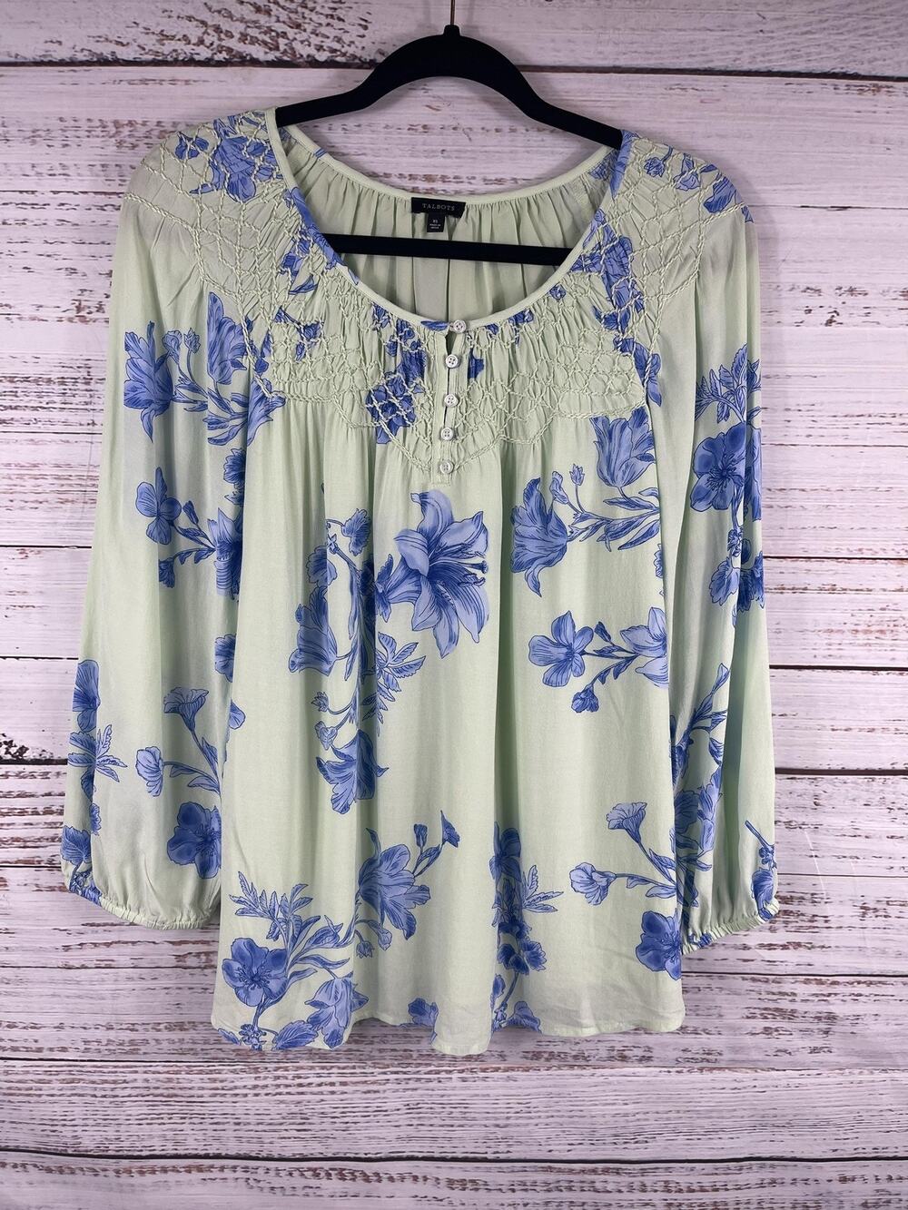 Talbots Blouse Women's XS Green Blue Floral Smocked Peasant Tunic Long Sleeve